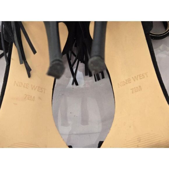 Nine West Hustle Womens Size 7.5M Black Fringe Ankle Strap Heel - Picture 8 of 8